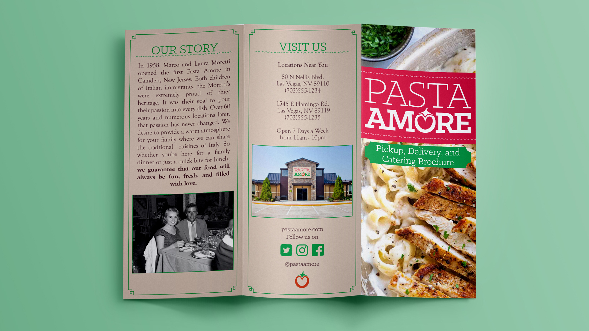 Outside of Pasta Amore trifold brochure